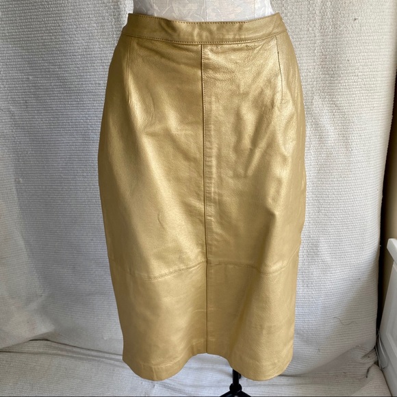 Vintage 90s M Leather Skirt Metallic Gold Pencil - Picture 1 of 8